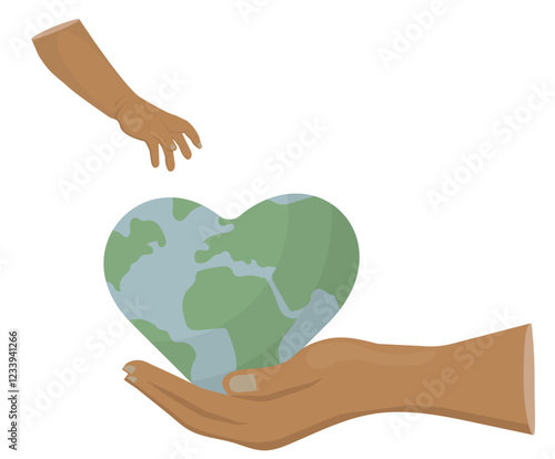 Adult Hand Holding Heart Earth Environmental Icon a child's hand tries to grab it. Environmental and social responsibility concepts. Earth day. Humanitarian aid. Vector illustration