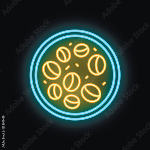 Neon icon of petri dish with cells, laboratory analysis concept