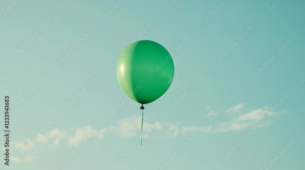 Obraz premium Bright green balloon drifting against a clear blue sky in a tranquil outdoor setting