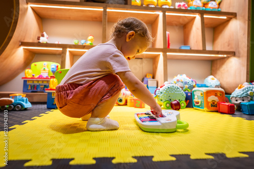 Young child exploring sounds and colors with a toy piano in a vibrant playroom designed for interactive learning and early childhood development photo