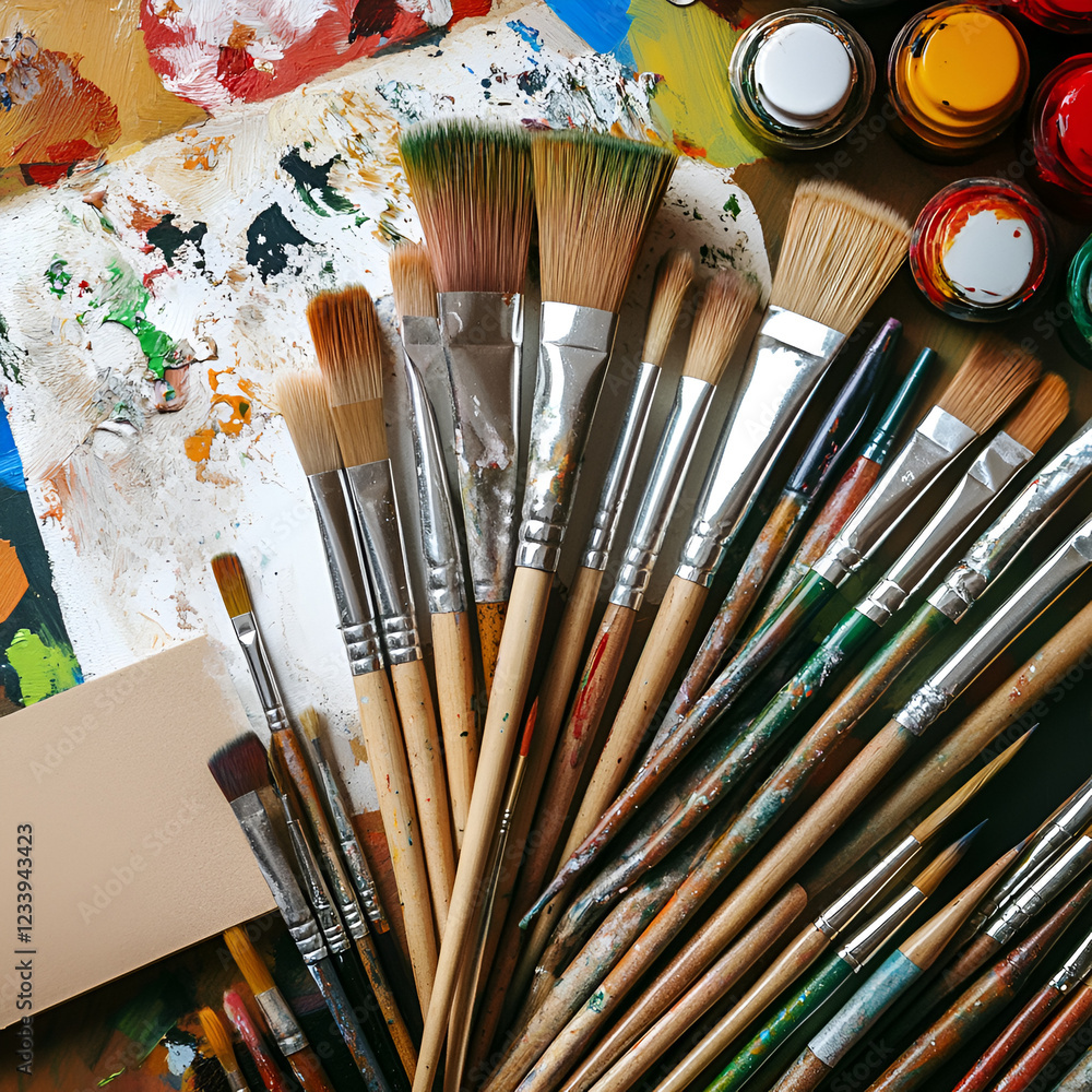Obraz premium Brushes of Artistry: An overhead shot showcases an array of meticulously arranged paintbrushes of various sizes and styles, resting on a canvas speckled with colorful paint and pots of primary colors.