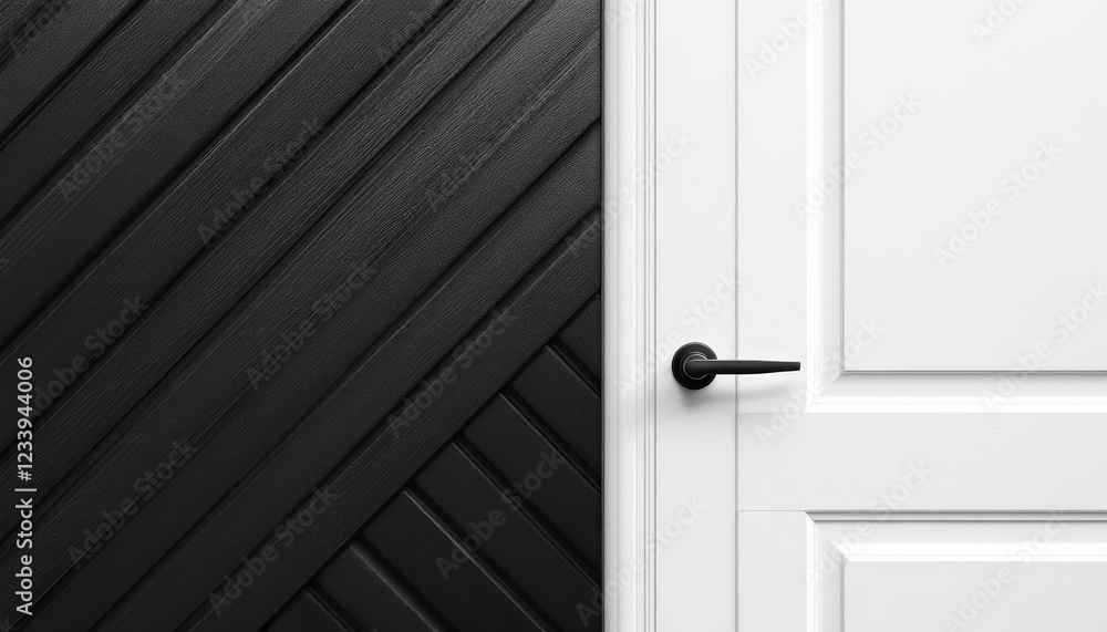 Contrasting Textures: A Black and White Door with Herringbone Paneling Design Contrasting Textures: A Black and White Door with Herringbone Paneling Design