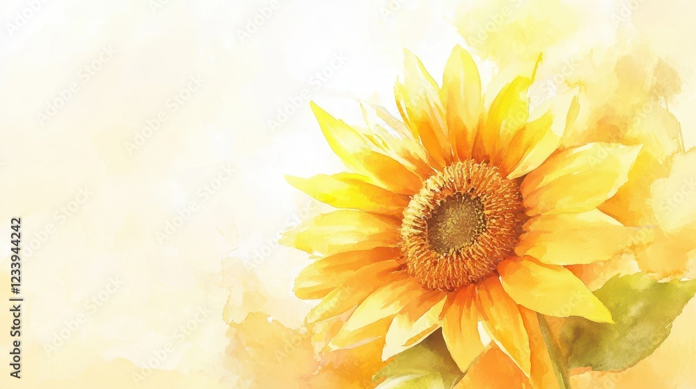Obraz premium A yellow watercolor illustration of a blooming sunflower head on a white background.