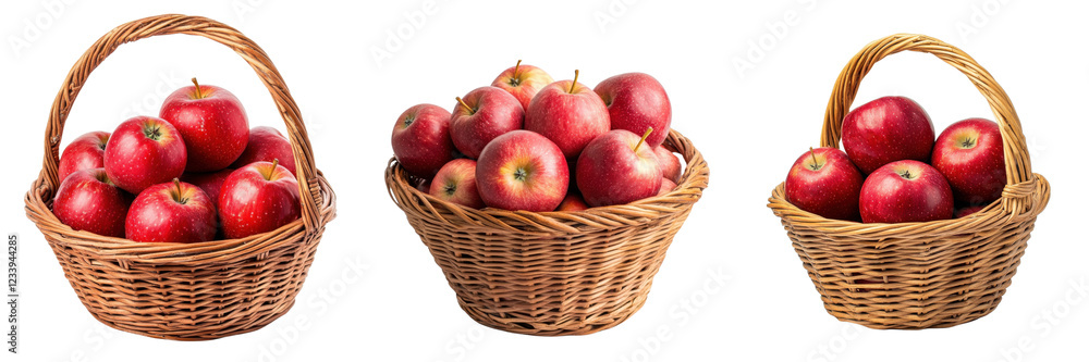 A Set of Baskets with Freshly Picked Vibrant Red Apples Isolated on Transparent Background A Set of Baskets with Freshly Picked Vibrant Red Apples Isolated on Transparent Background