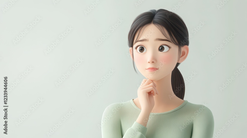 A young adult Asian woman cartoon character in a 3D style design, showing a thoughtful, questioning expression. A young adult Asian woman cartoon character in a 3D style design, showing a thoughtful, questioning expression.