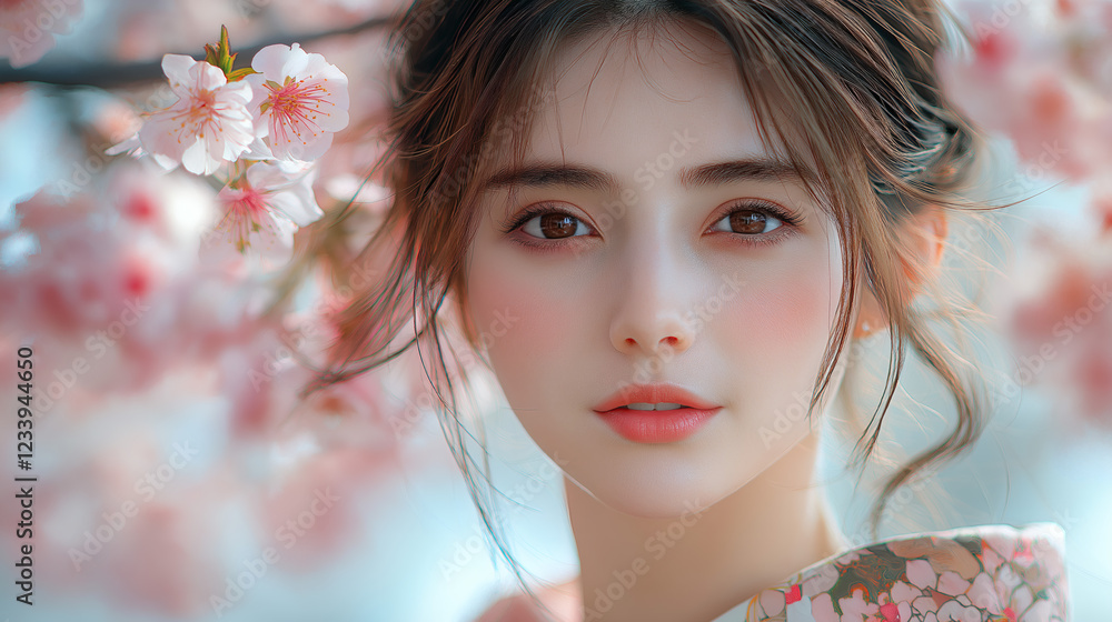 Naklejka premium Portrait with Cherry Blossoms