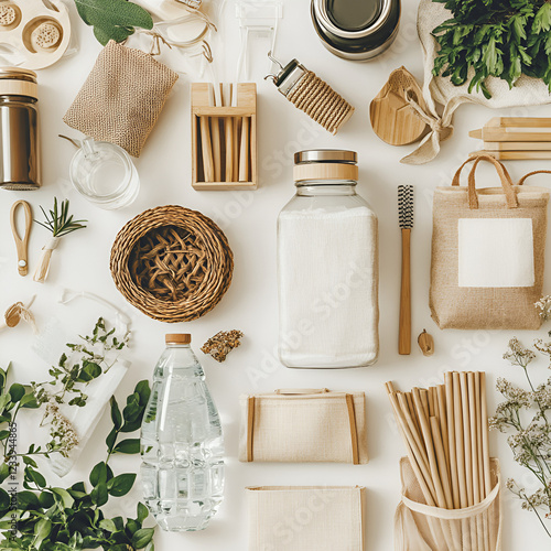 Eco-Friendly Essentials: A top-down view of various sustainable and eco-friendly products, thoughtfully arranged with natural elements.