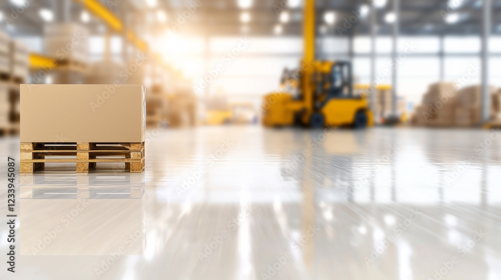 modern warehouse with pallet and forklift in background modern warehouse with pallet and forklift in background