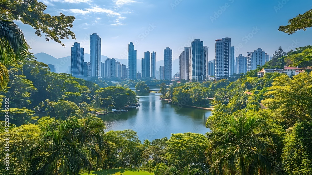 Fototapeta premium A vibrant cityscape where modern skyscrapers meet lush greenery, showcasing a serene lake surrounded by tropical vegetation under a clear blue sky