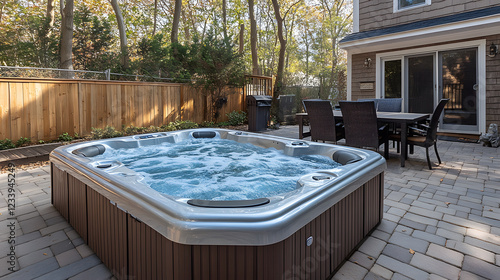 A relaxing hot tub in a serene backyard setting, surrounded by nature, featuring a stone patio and outdoor dining area