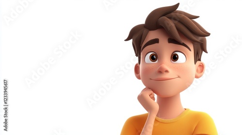 A young adult cartoon character, portrayed in 3D style, appears deep in thought or planning, with a questioning and dreaming expression.