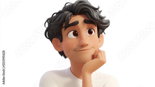 A young adult cartoon character, portrayed in 3D style, appears deep in thought or planning, with a questioning and dreaming expression.