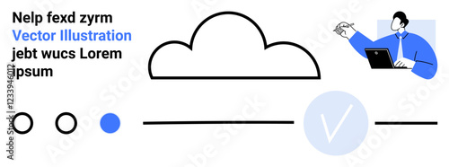 Central cloud with a large checkmark symbol, professional using a tablet, surrounding circles and line elements. Ideal for business presentations, project management, progress tracking, online