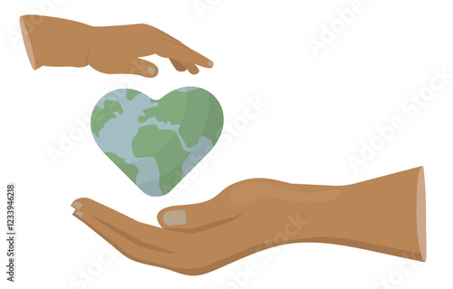 child Hand and adult hand Protecting Heart-Shaped Earth Environmental Conservation Concept. Environmental protection and global conservation awareness. Charity concept. Flat style. Vector illustration