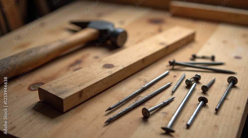 A neatly arranged set of tools including a hammer and various types of nails on a workbench A neatly arranged set of tools including a hammer and various types of nails on a workbench