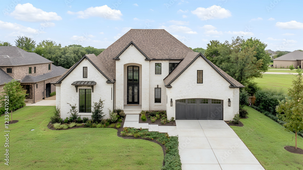 Modern white house, suburban neighborhood, aerial view, real estate listing Modern white house, suburban neighborhood, aerial view, real estate listing