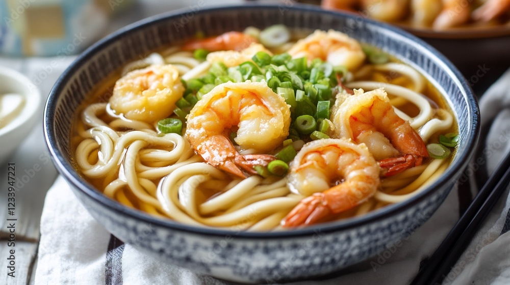 Comforting bowl of udon noodles tempura shrimp green onions and a light broth Comforting bowl of udon noodles tempura shrimp green onions and a light broth