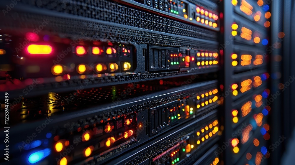 Obraz premium A close-up view of illuminated server racks in a data center.