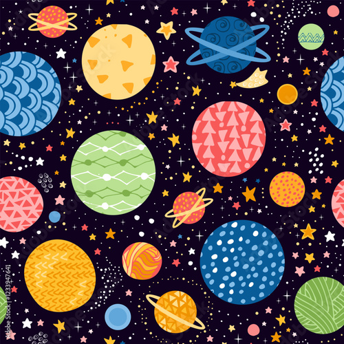 Seamless pattern with cute space objects - planets and stars. Vector design