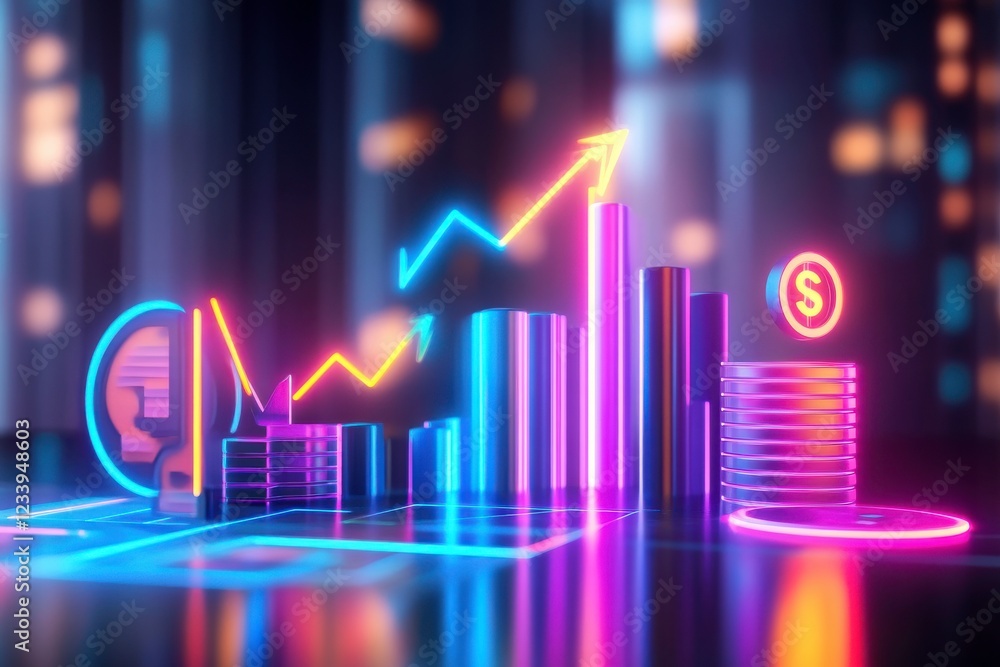 A vibrant digital representation of financial growth, featuring neon graphs, dollar symbols, and sleek buildings, symbolizing prosperity and innovation. A vibrant digital representation of financial growth, featuring neon graphs, dollar symbols, and sleek buildings, symbolizing prosperity and innovation.
