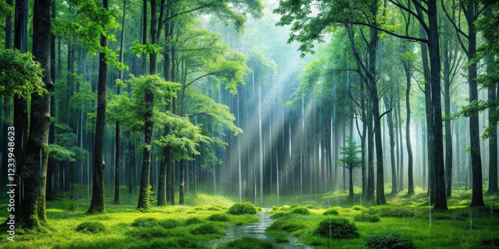 Naklejka premium Describing a forest after rain , rain, trees, rain, trees