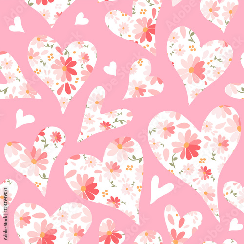Hearts with flowers on pink background. Seamless pattern for Valentine's day.