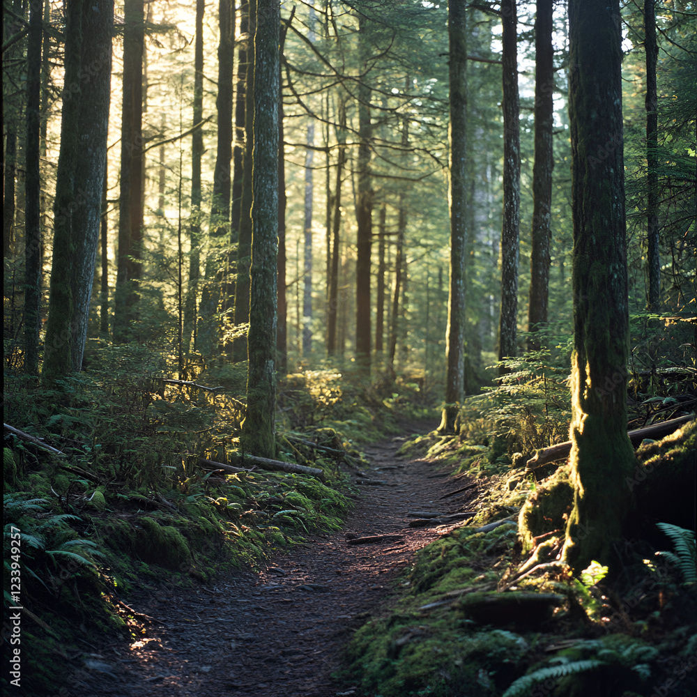 Obraz premium Pathway in the Whispering Woods: Sun-dappled path winding through a vibrant forest, a serene scene of towering trees and lush undergrowth.