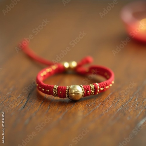 A rakhi bracelet with red thread and golden beads placed on a wooden surface, highlighting its simple and traditional design for Raksha Bandhan. photo