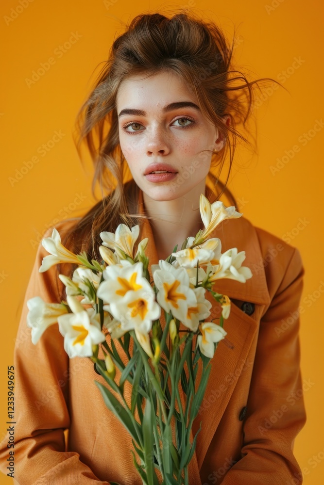 Woman with beautiful bouquet of freesia flowers photo woman photography. Woman with beautiful bouquet of freesia flowers photo woman photography.