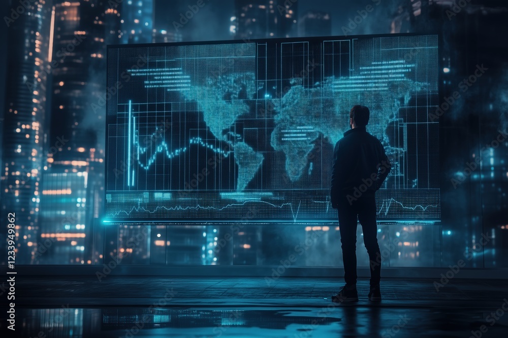 Silhouette of a man analyzing data on a large futuristic screen in a cityscape at night. Technology and innovation concept. Silhouette of a man analyzing data on a large futuristic screen in a cityscape at night. Technology and innovation concept.
