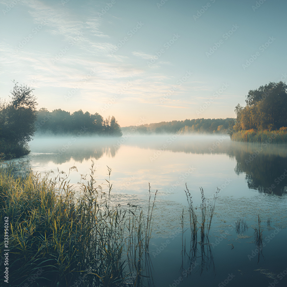 Fototapeta premium Misty Lake Morning: A tranquil lake shrouded in soft mist, reflecting the gentle hues of the sunrise, flanked by lush greenery and trees, invoking a sense of peace and serenity.