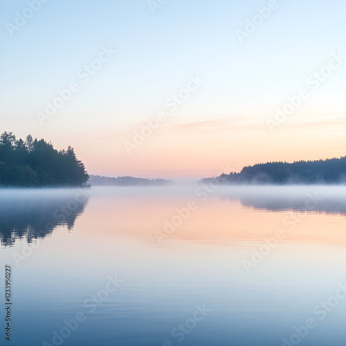 Wallpaper Mural Morning Serenity: Calm lake with trees reflecting in the water with light morning sky in the background.  Torontodigital.ca