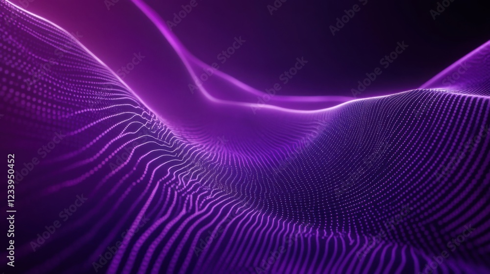 Abstract glowing purple wave lines forming a spiral pattern on a dark purple background, with ample copy space in the lower right corner. Abstract glowing purple wave lines forming a spiral pattern on a dark purple background, with ample copy space in the lower right corner.