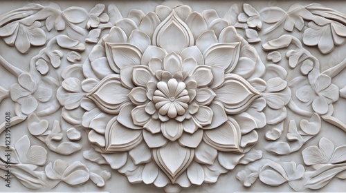 Intricate White Floral Carving: A Masterpiece of Stone Relief Art