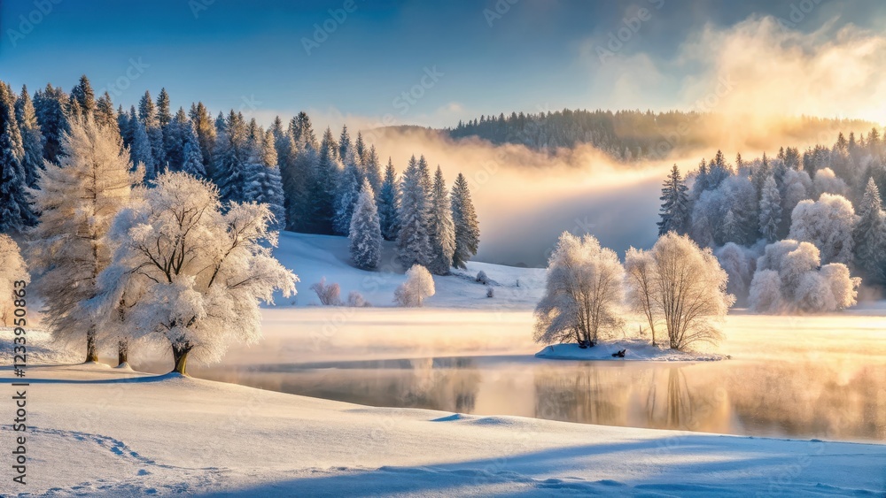 Frosty morning mist rises from a snow-covered meadow on Feldberg mountain amidst winter landscape with bare trees and frozen lake, Winter Landscape, Snow Covered Meadow Frosty morning mist rises from a snow-covered meadow on Feldberg mountain amidst winter landscape with bare trees and frozen lake, Winter Landscape, Snow Covered Meadow