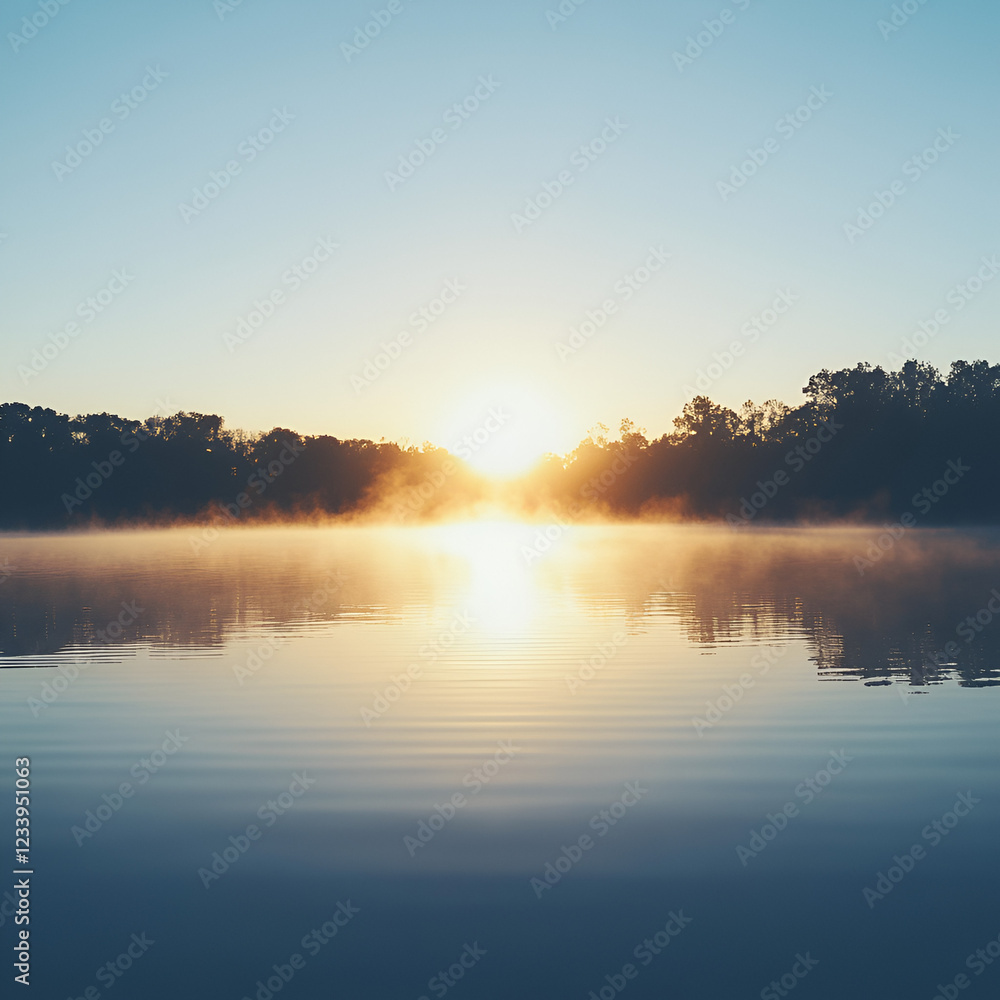 Fototapeta premium Serene Sunrise: A captivating scenic view unfolds as the sun rises over a calm lake, painting the sky with soft colors and casting a warm glow upon the tranquil water.