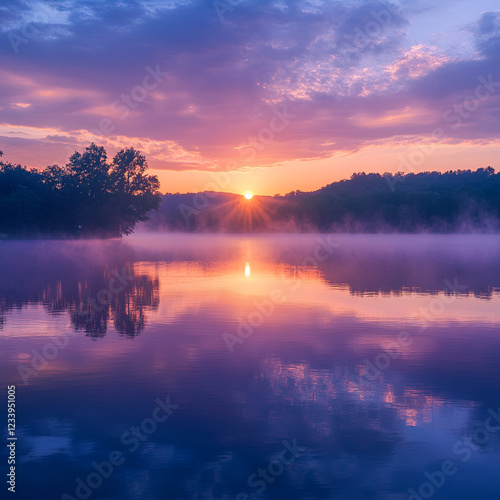 Wallpaper Mural Serene Dawn on the Lake: A breathtaking vista of a tranquil lake mirroring the vibrant hues of the sunrise, painting the sky in shades of purple, pink, and orange. Torontodigital.ca