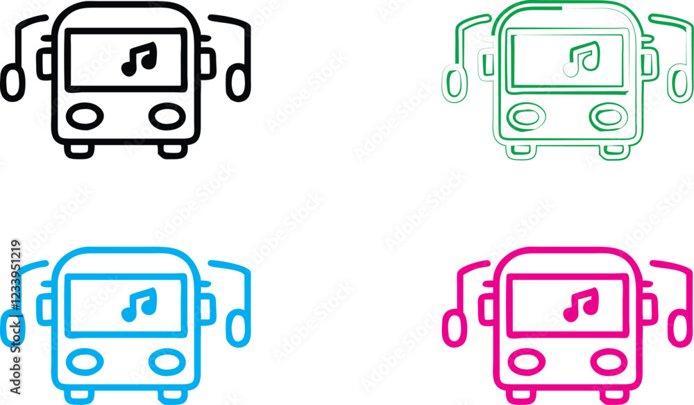 Simple cartoon bus icons, minimalist line drawings, vibrant neon colors, front view buses, playful transportation symbols, geometric vehicle shapes, outlined vehicle designs, colorful public transit l Simple cartoon bus icons, minimalist line drawings, vibrant neon colors, front view buses, playful transportation symbols, geometric vehicle shapes, outlined vehicle designs, colorful public transit l