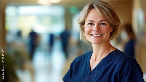 Free Download Portrait of nurse in scrubs Caucasian female smiling with blurred background of hospital lobby - GFXLoad