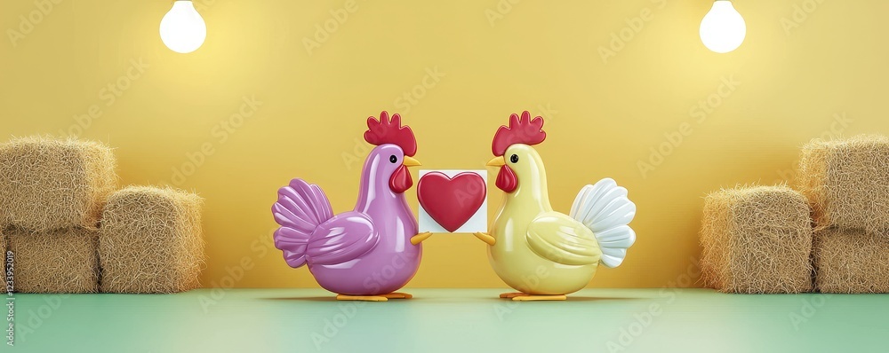 Colorful Chickens Holding Heart-Shaped Card Concept Colorful Chickens Holding Heart-Shaped Card Concept
