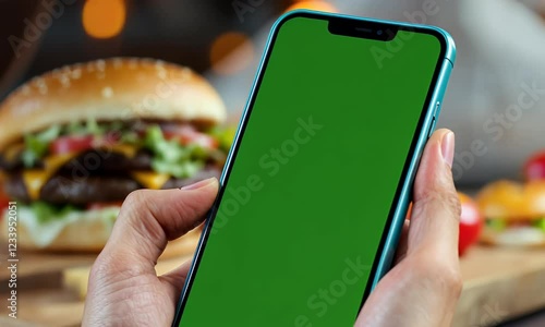 Smartphone with Green Screen, Burger Background Mockup