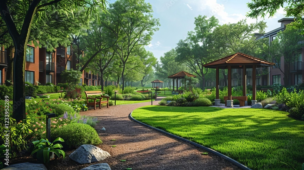 Fototapeta premium Serene Apartment Complex Park with Gazebo Lush Greenery and Winding Pathways