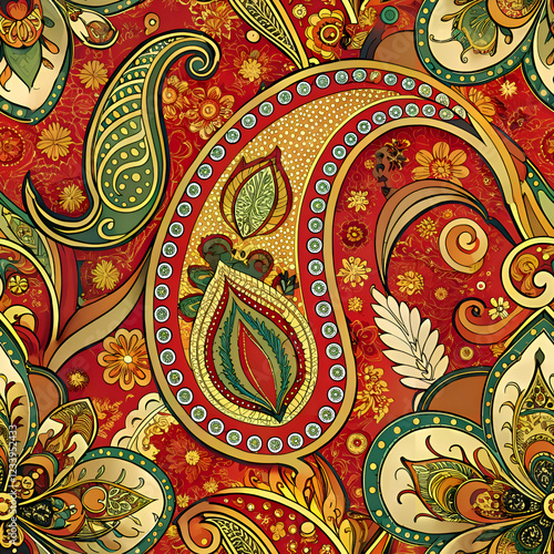Intricate paisley pattern on a red background.