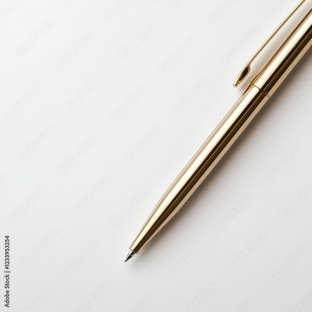 A sleek gold pen rests on a clean white surface, showcasing elegance and simplicity in design. A sleek gold pen rests on a clean white surface, showcasing elegance and simplicity in design.