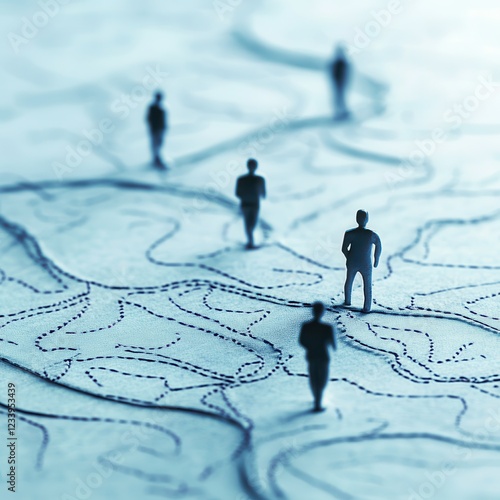 Career development thrives through professional networking, mentorship, and strategic growth. Abstract figures on a map, representing navigation and decision-making.