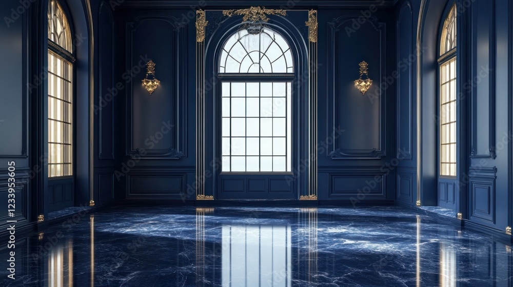 Fototapeta premium Opulent Blue Interior Design: A Luxurious Room with Marble Floor and Gold Accents