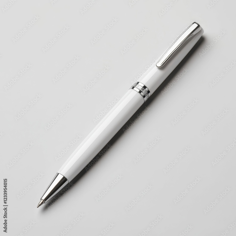 A sleek, modern white pen with a shiny silver clip, resting on a plain background, emphasizing its elegant design and functionality. A sleek, modern white pen with a shiny silver clip, resting on a plain background, emphasizing its elegant design and functionality.