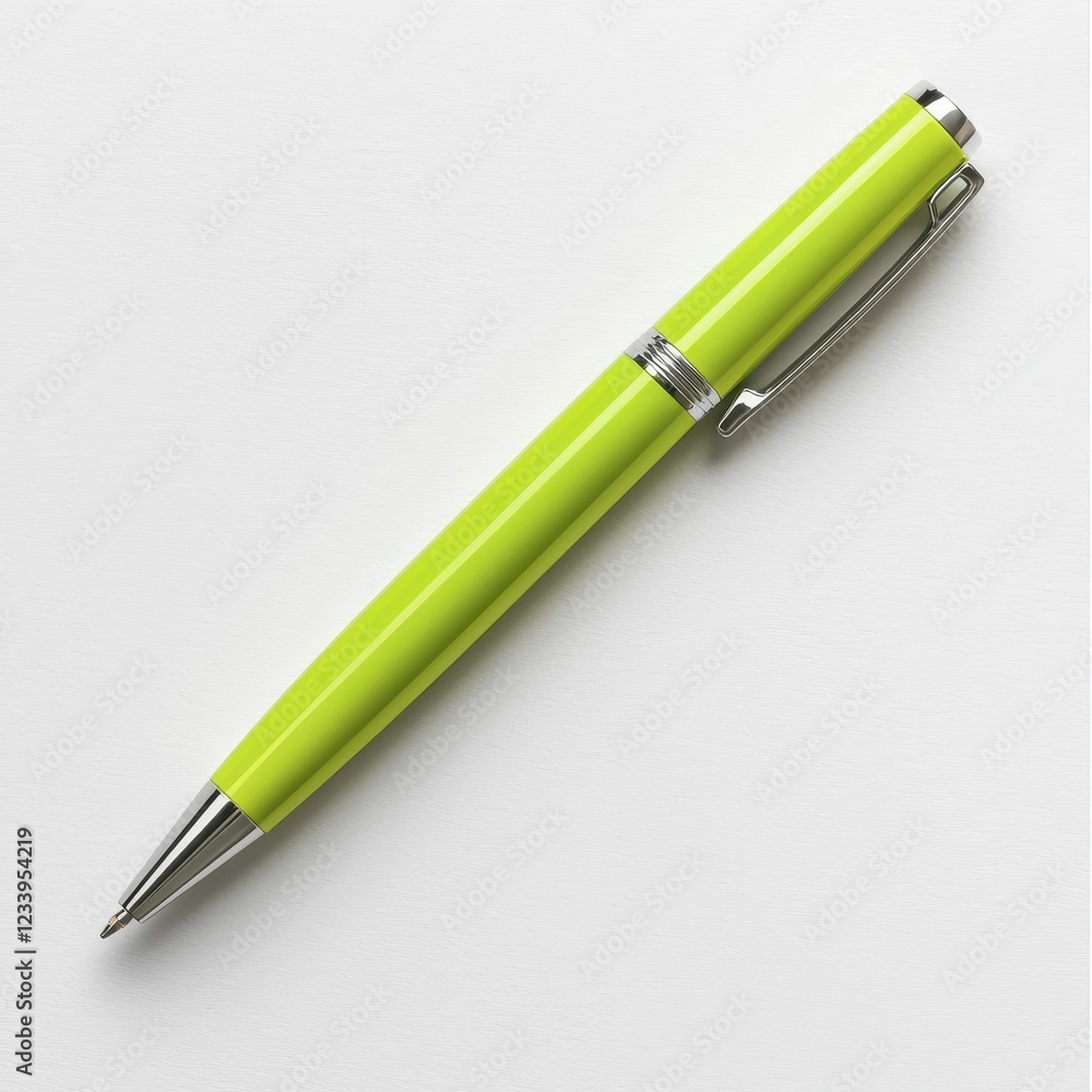 A vibrant yellow-green pen with a sleek design, positioned on a white surface, showcasing its shiny chrome accents. A vibrant yellow-green pen with a sleek design, positioned on a white surface, showcasing its shiny chrome accents.
