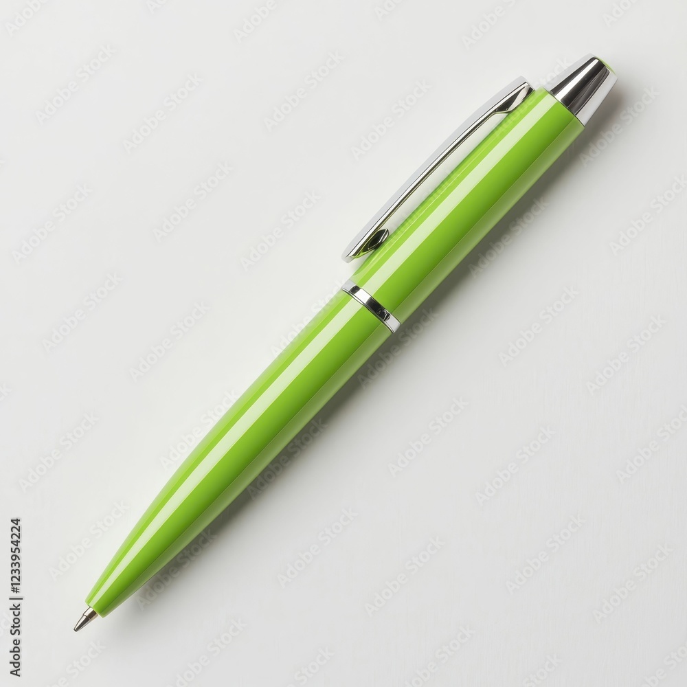 A sleek green pen with a shiny silver clip, resting on a plain background, ideal for writing or office decor. A sleek green pen with a shiny silver clip, resting on a plain background, ideal for writing or office decor.