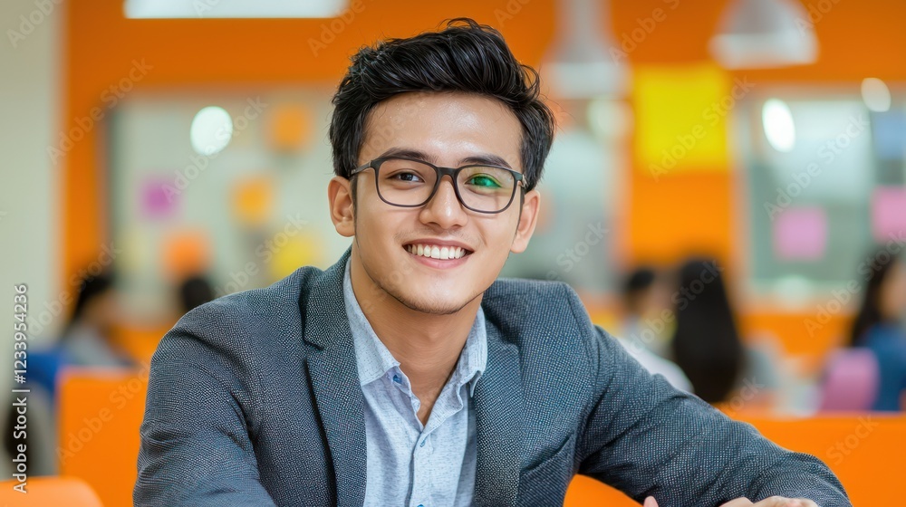 Obraz premium A young man in glasses smiles confidently in a bright, modern workspace with an orange background, exuding professionalism and approachability.
